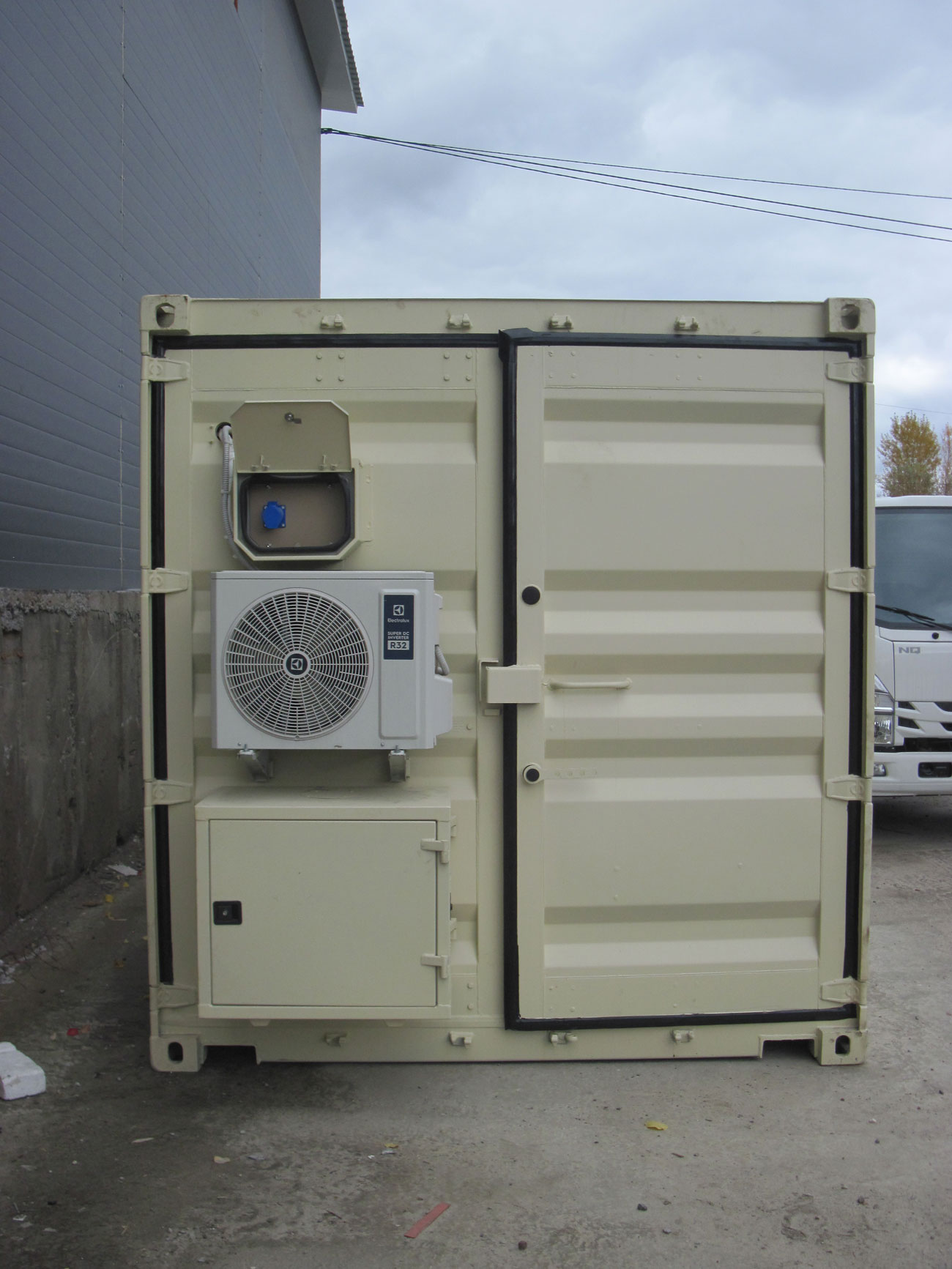 Detailed view of wall construction and protective elements of the modular structure.